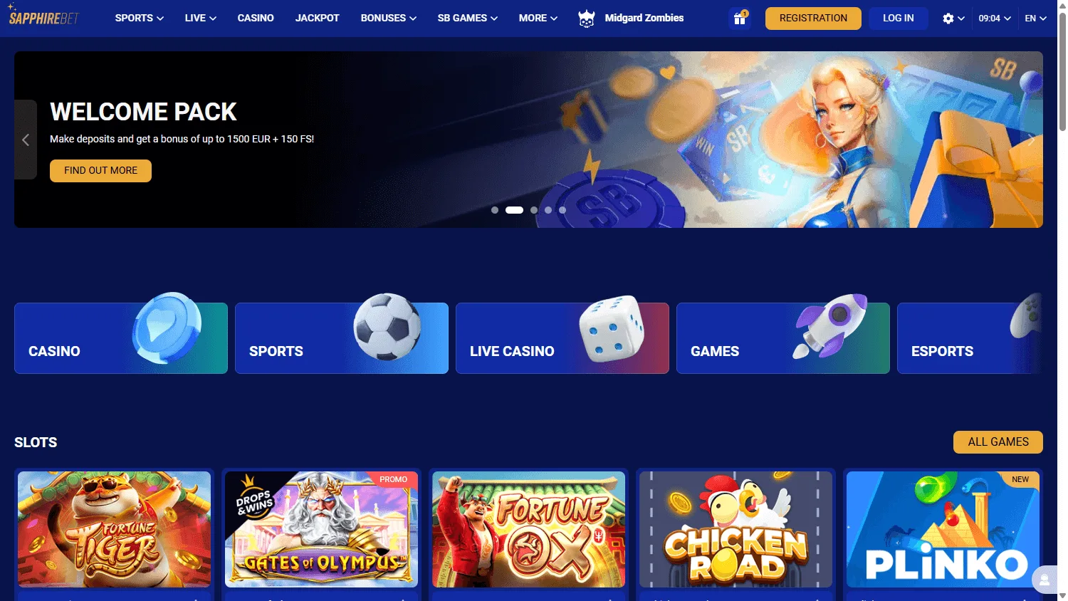 Sapphire Casino desktop home screen